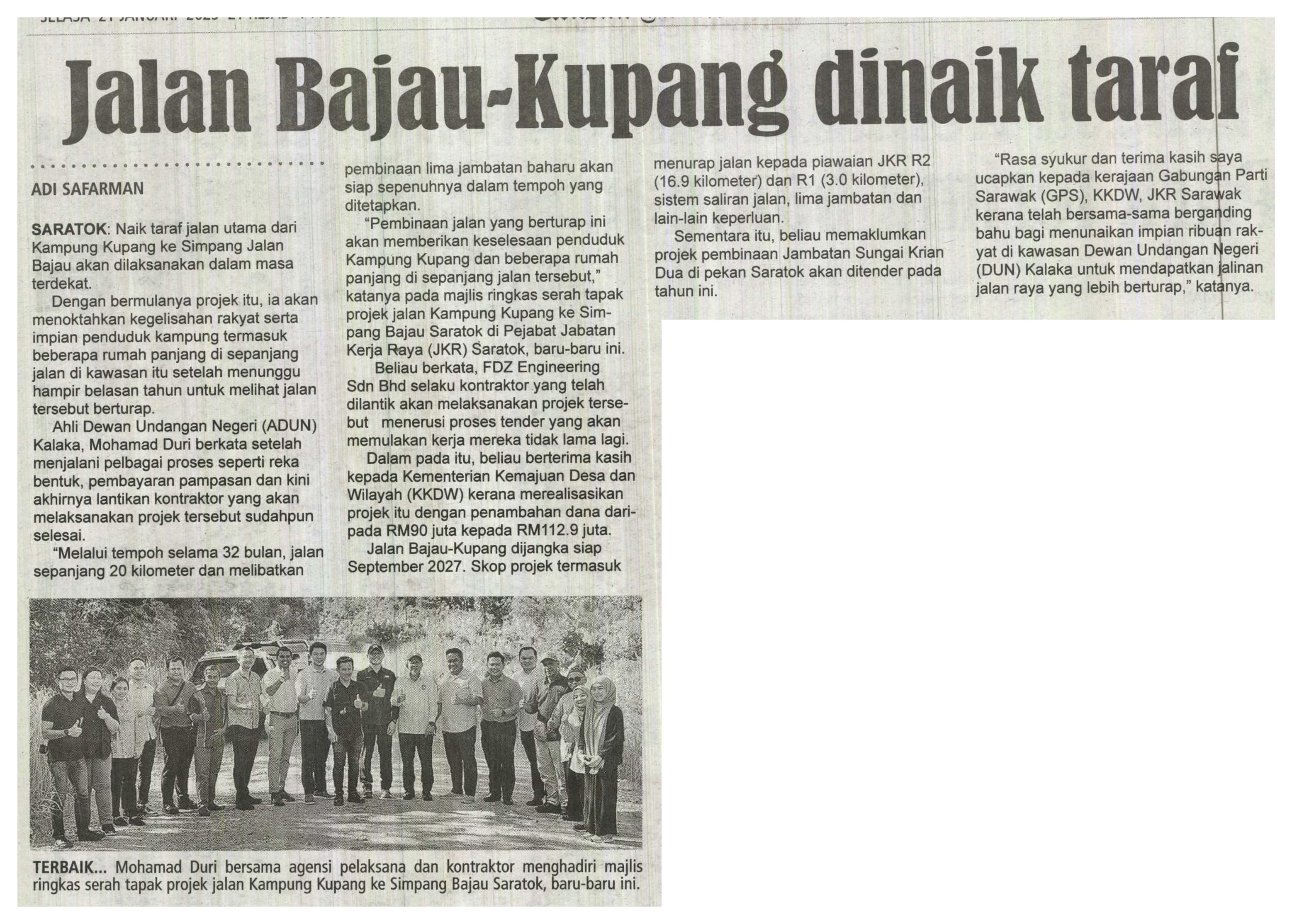 21 Januari 2025, Sarawak - Jalan Bajau-Kupang dinaik taraf (Utusan Sarawak)